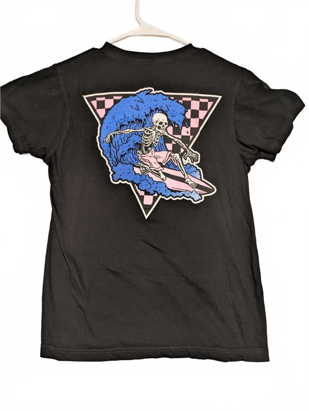 LCM International Skeleton Surfer Graphic T-Shirt Black Small 100% Cotton Mens